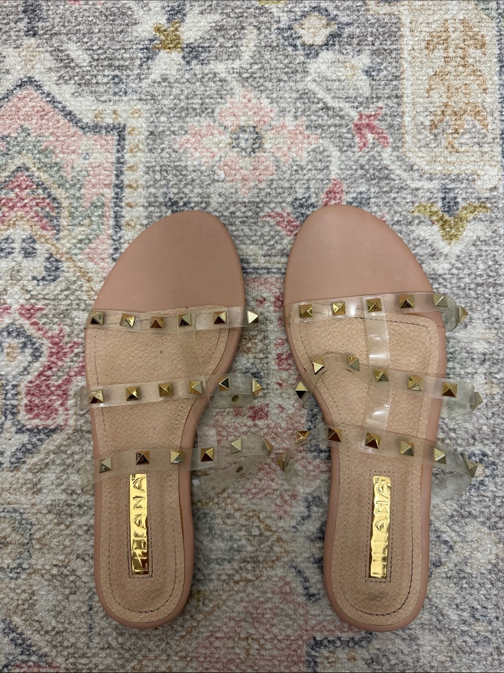 Studded Clear-Strap Slide Sandals in Nude